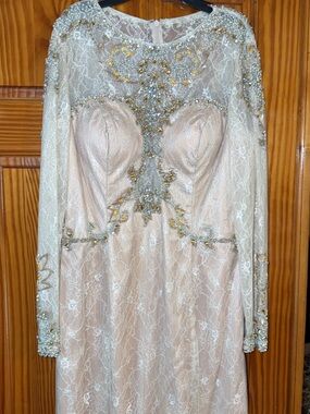 Feriani Couture Embellished Lace Evening Dress in Champagne